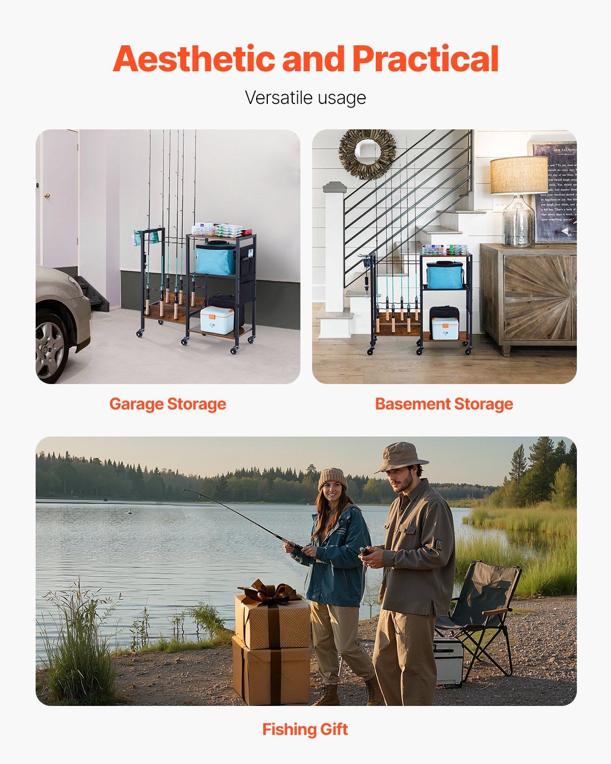 VEVOR Fishing Rod Holder for 12-Rods, Mobile Fishing Pole Rack Cart with Wheels, Fish Gear Equipment Organizer for Garage Home Indoor Use, for Tackle Box Reel Accessories Storage, Gifts for Men