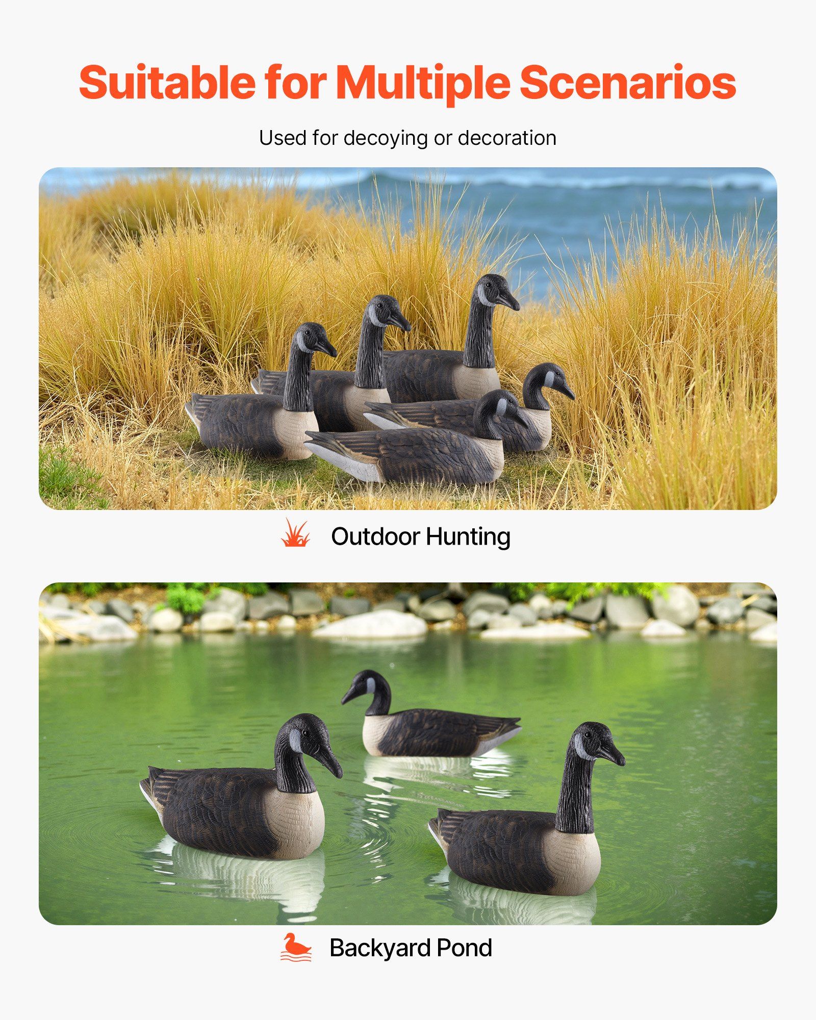 VEVOR Canada Goose Decoys, Outdoors Goose Decoy for Waterfowl Hunting, Durable Plastic Floaters with Ultra Realistic Paint, for Pool, Pond, Lake, Garden Yard Decoration, Easy to Carry and Use, 6-Pack