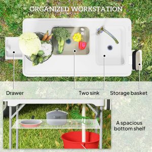 Folding Fish Cleaning Table with Sinks, Portable Camping Sink Table with Faucet, Drainage Hose, Sprayer, Shelf, Drawer and Storage Basket, Outdoor Fillet Table for Picnic Beach Patio, White