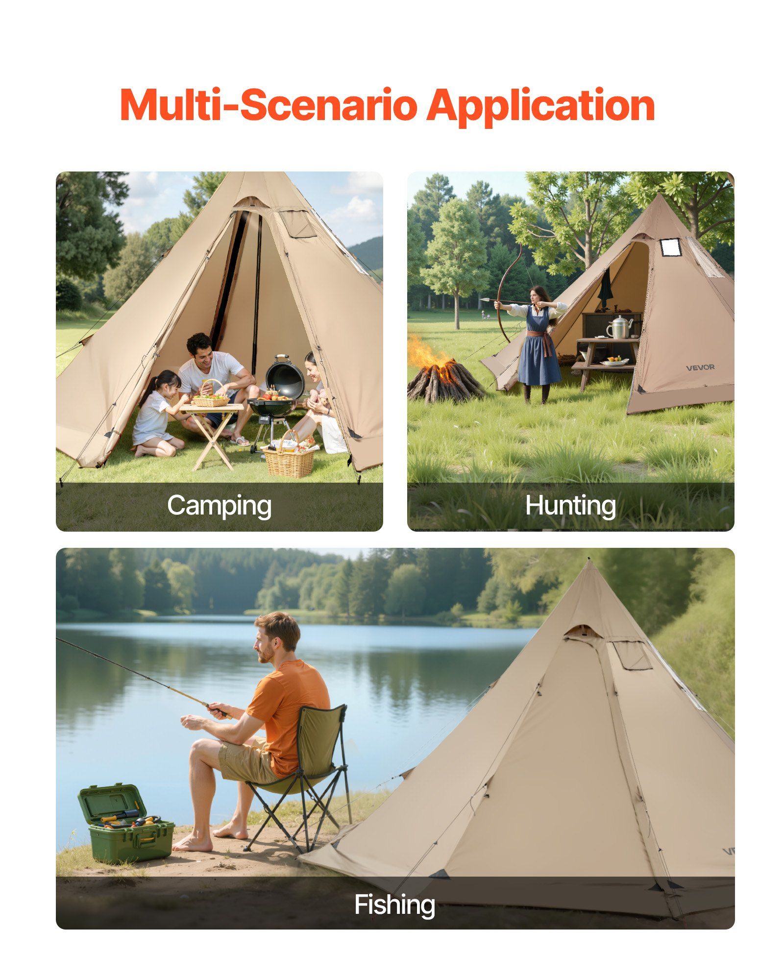 VEVOR Hot Tent for 4-6 Persons, Portable Winter Tipi Tent with Stove Jack, Waterproof Canvas Camping Tents, Lightweight 4 Season Shelter Tents for Hiking Fishing Backpacking, L Size