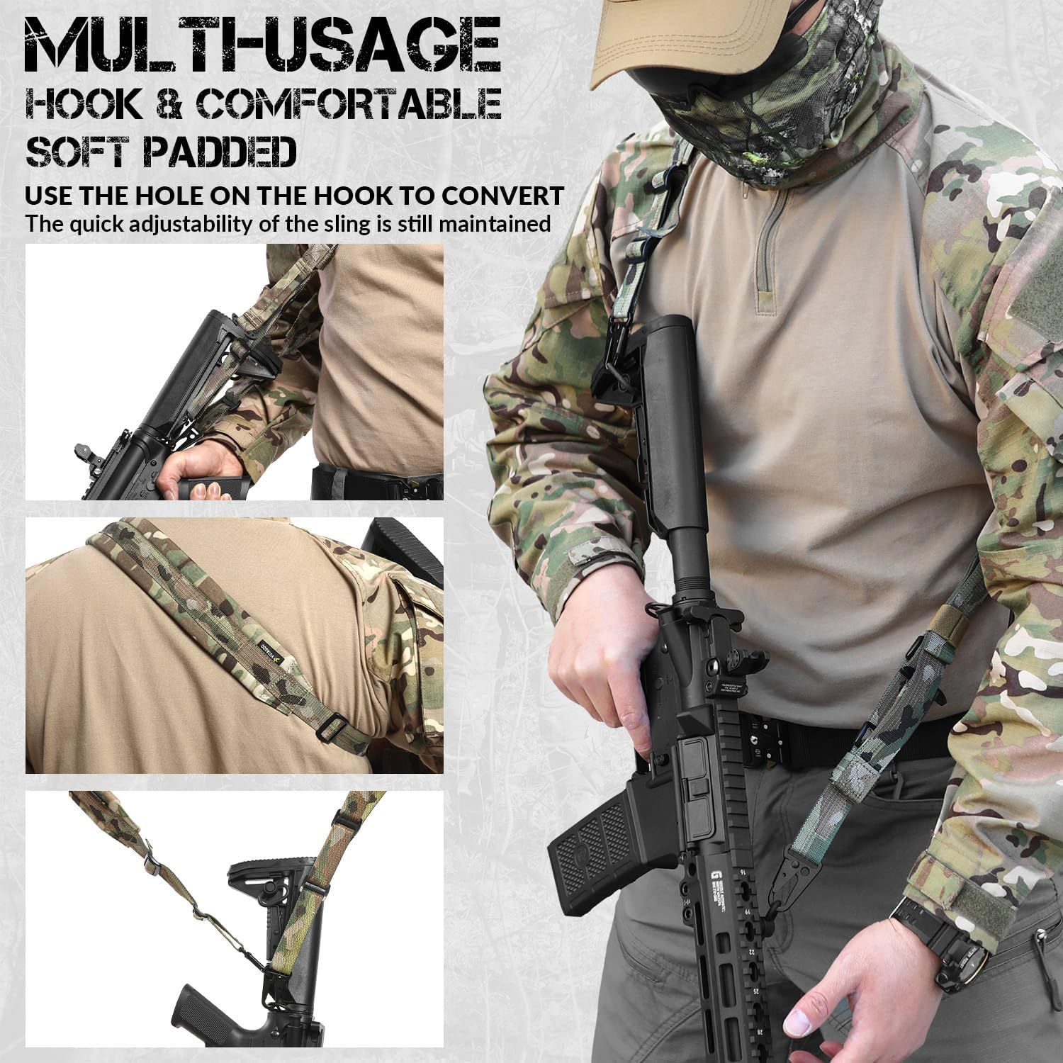 QD Sling 2 Point Sling Quick Adjust Gun Sling with HK Hook Soft Shoulder Pad Sling, Rifle Sling for Hunting Tactical Strap
