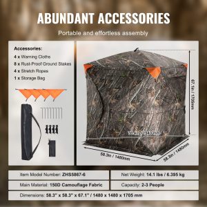 VEVOR Hunting Blind, 270? See Through Ground Blind, 2-3 Person Pop Up Deer Blind for Hunting with Carrying Bag, Portable Resilient Hunting Tent, 3 Horizontal Windows for Turkey and Deer Hunting