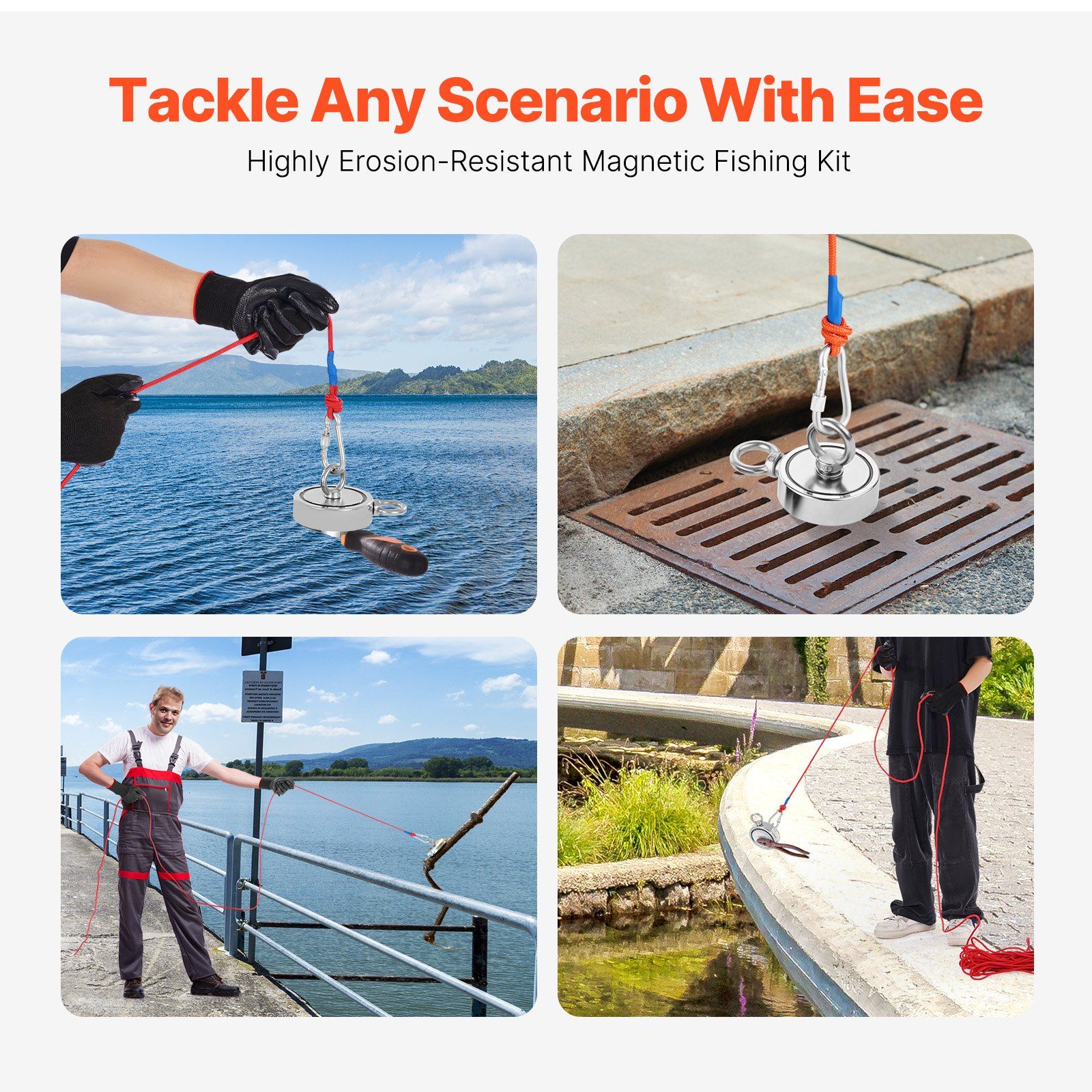 VEVOR Magnet Fishing Kit, 1000 LBS/454 Kg Double-Sided Pulling Force Strong Magnet Fishing Kit, Rare Earth Neodymium Magnetic Fishing Kit Includes Grappling Hook, Heavy Duty Rope, Gloves and Eyebolt