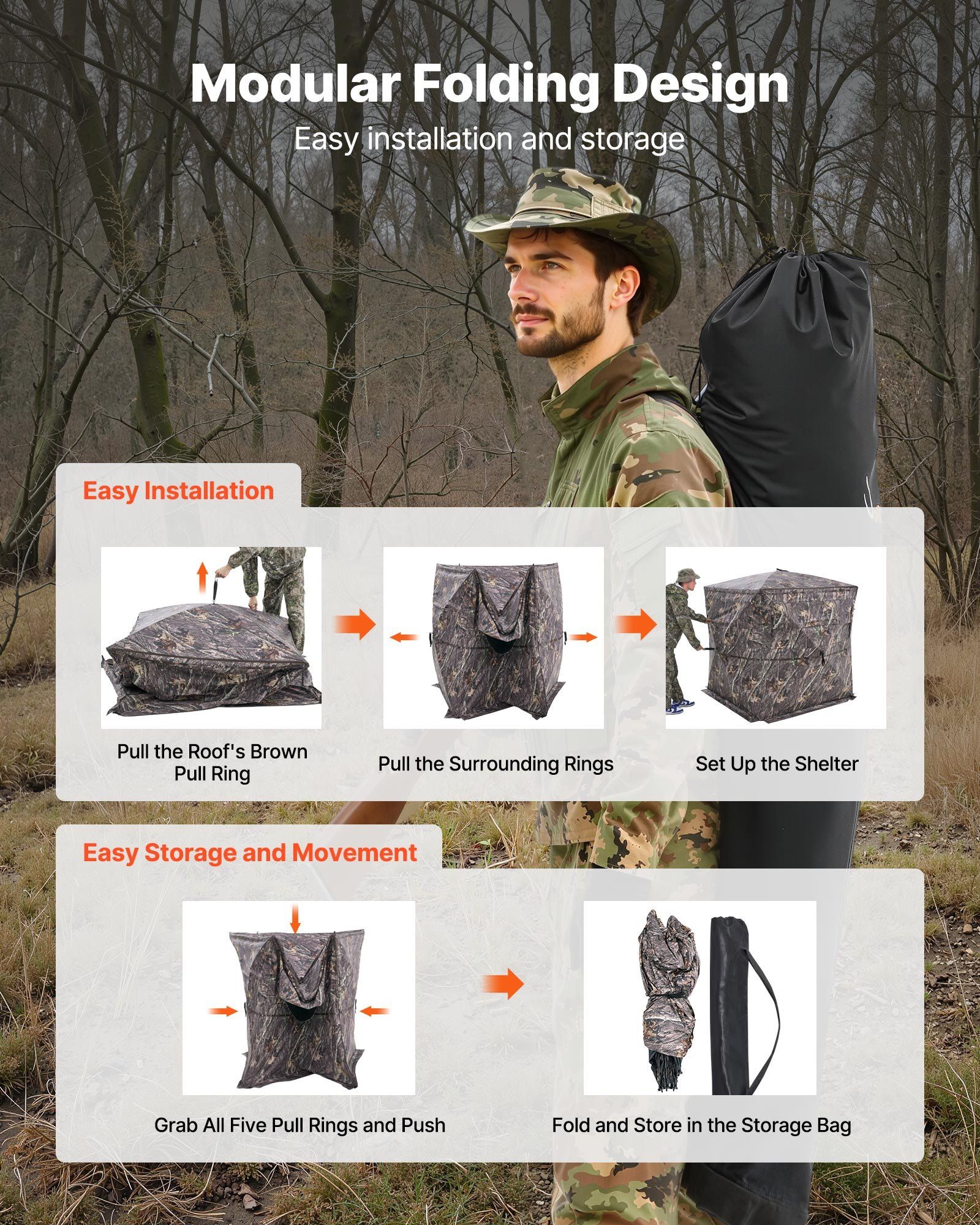 VEVOR Hunting Blind, 4-5 Person See Through Ground Blinds with Carrying Bag, 360 Degree Portable Camouflage Tent, Durable Concealed Shelter with Silent Zipper Door and Window, for Turkey and Deer