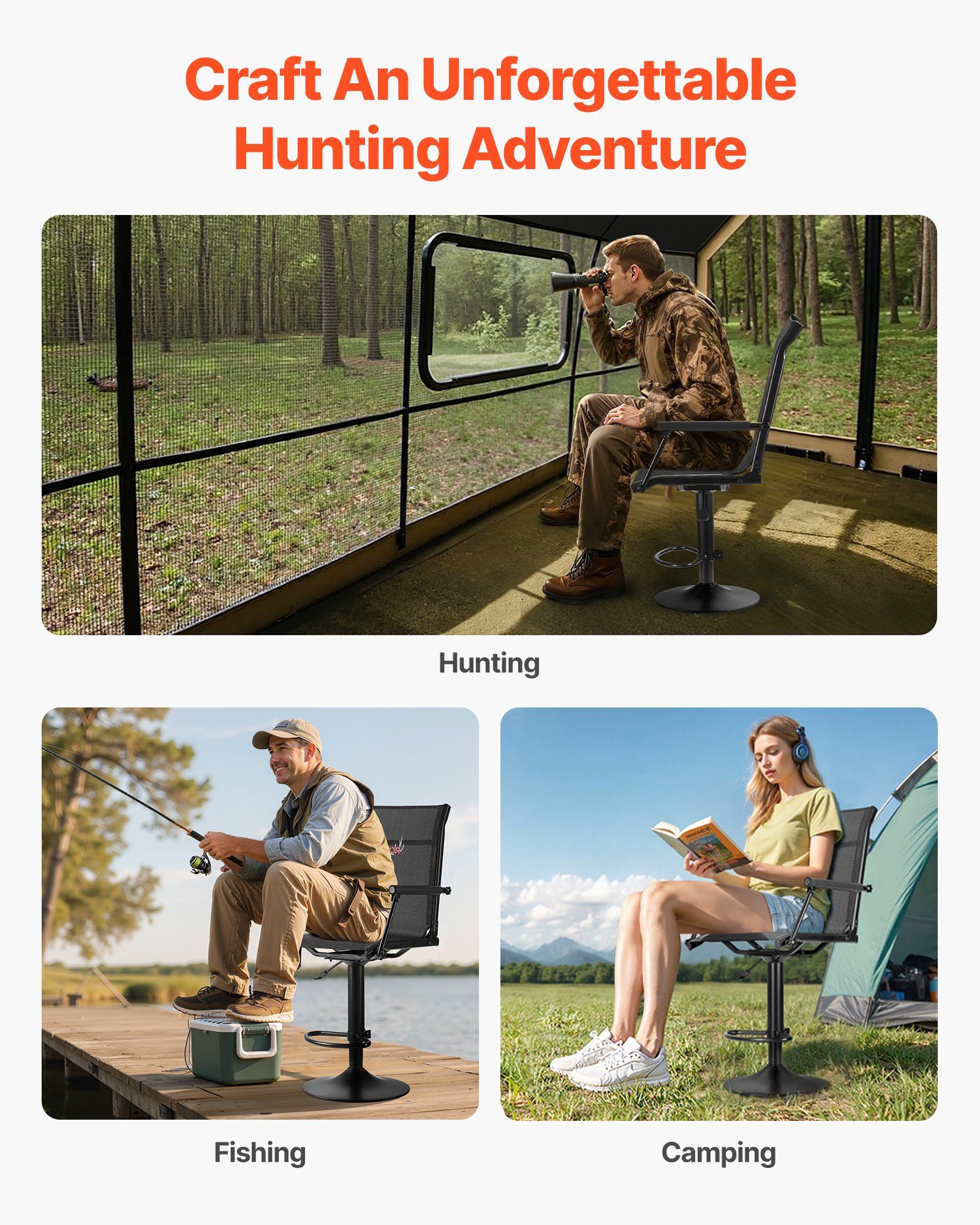 VEVOR Hunting Chair, 360? Silent Swivel, Lightweight Blind Chair, Heavy-Duty Steel Frame Ground Stool Seat, with Padded Armrests, Height Adjustable, 300 Lbs Capacity, for Outdoor Fishing, Camping
