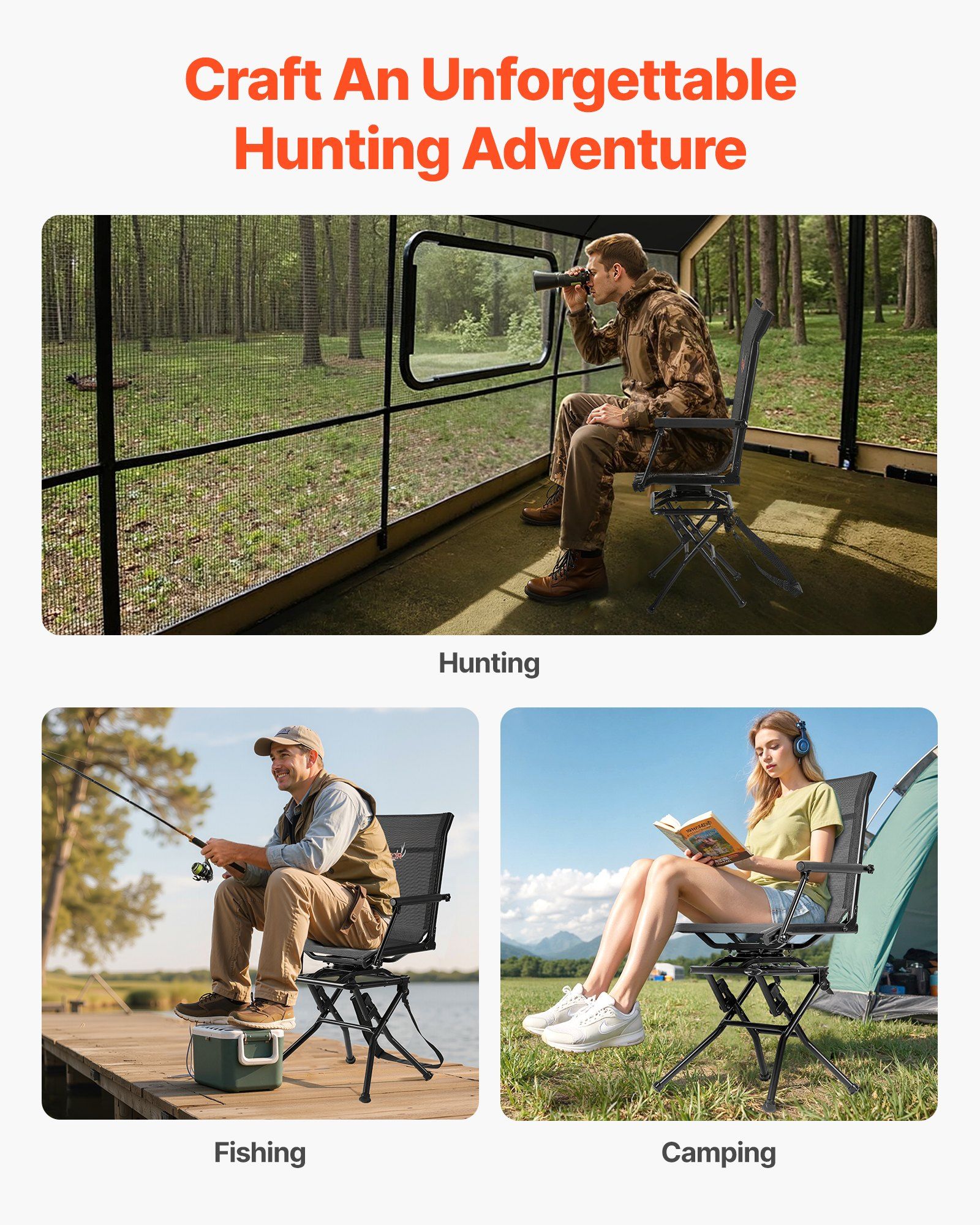 VEVOR Hunting Chair, 360? Silent Swivel, Foldable Lightweight Portable Blind Chair, Heavy-Duty Steel Frame Ground Stool Seat, with Armrest, Adjustable Carry Strap, 300 Lbs Capacity for Fishing Camping