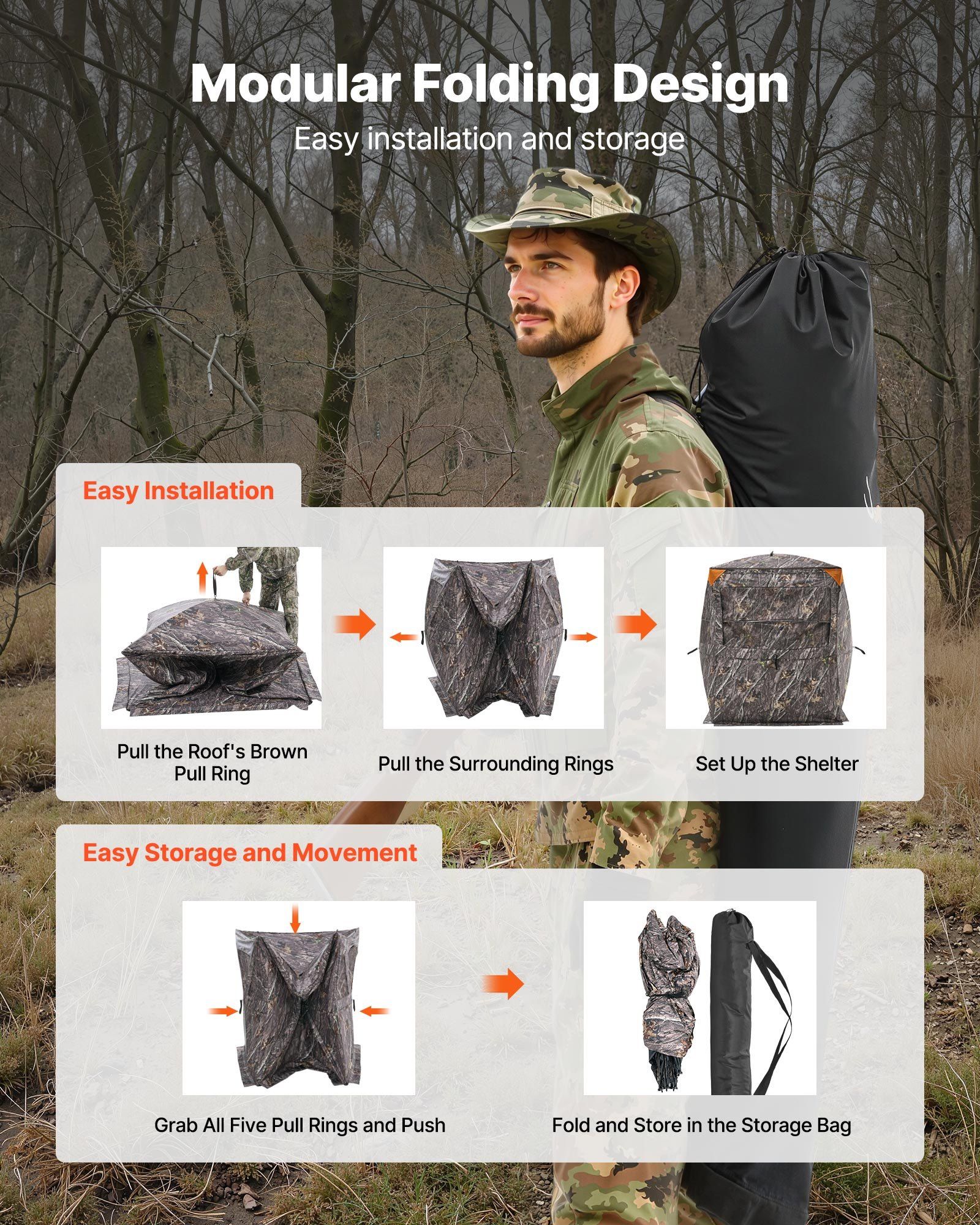 VEVOR Hunting Blind, 2-3 Person Thermal Ground Blinds with Tri-Leg Chair and Carrying Bag, Portable Camouflage Tent, Durable Concealed Shelter with Silent Zipper Door and Window, for Turkey Deer